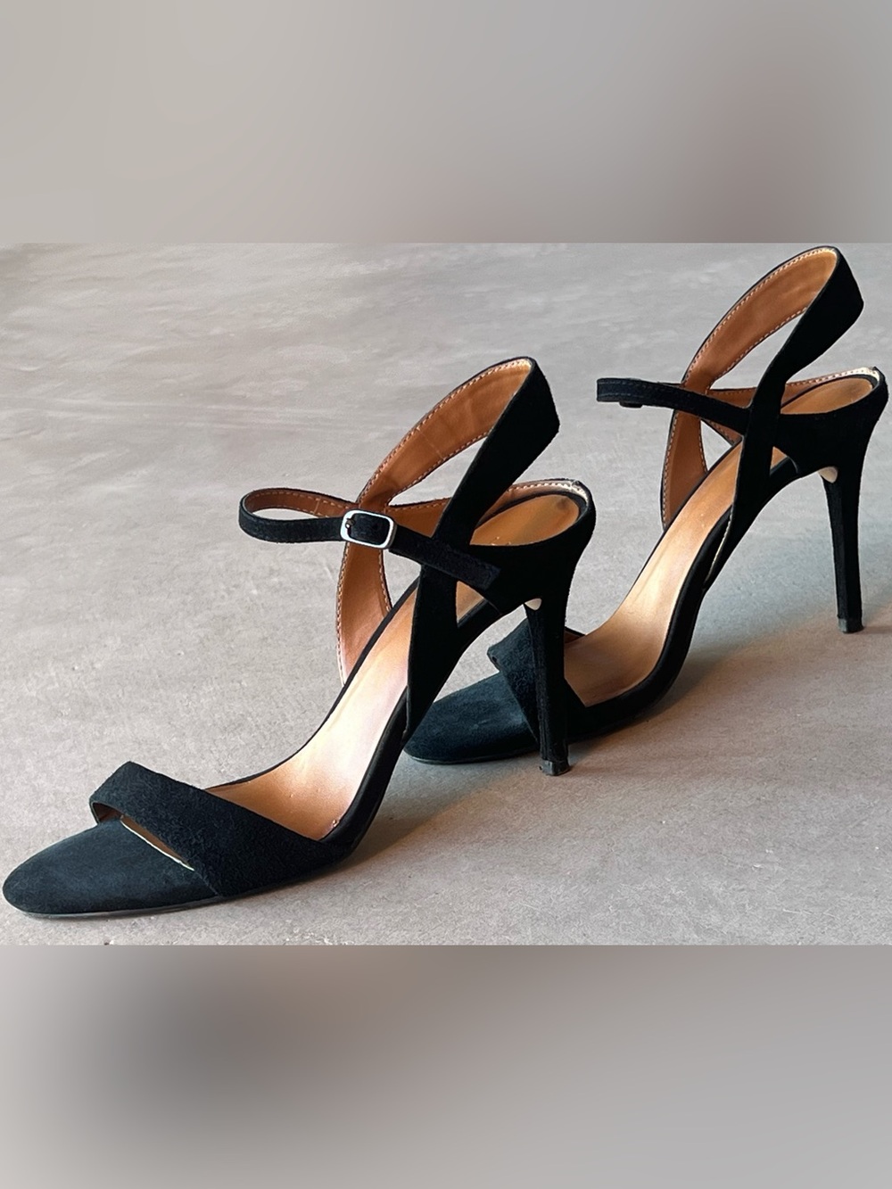 Halston Ainsley Black Suede Open Toe Ankle Strappy  Stiletto Heels Size 7.5